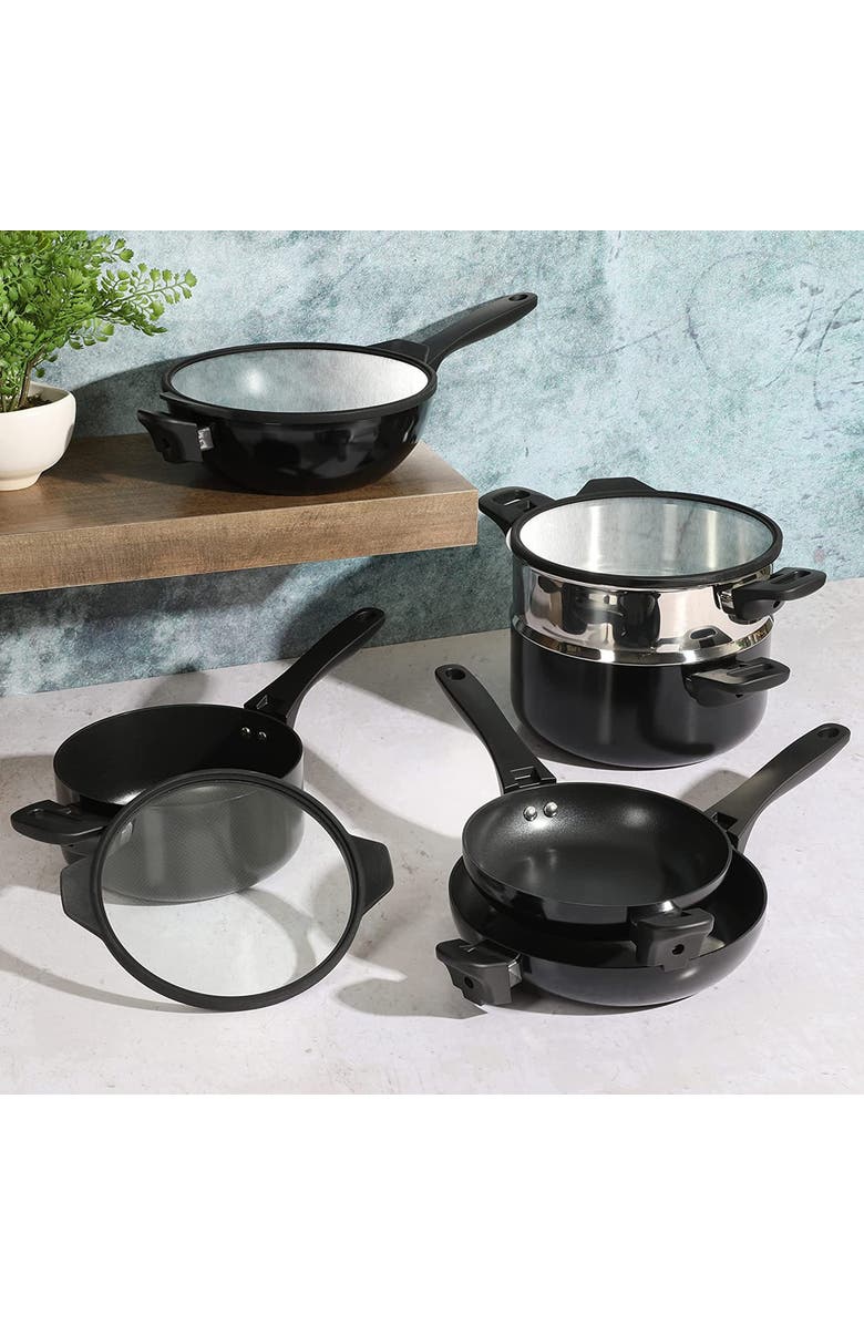 Kenmore Elite Grayson 9 Piece Nonstick Aluminum Stackable Cookware Set, Alternate, color, Black