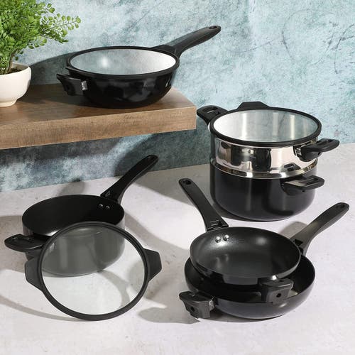 Kenmore Elite Grayson 9 Piece Nonstick Aluminum Stackable Cookware Set In Black
