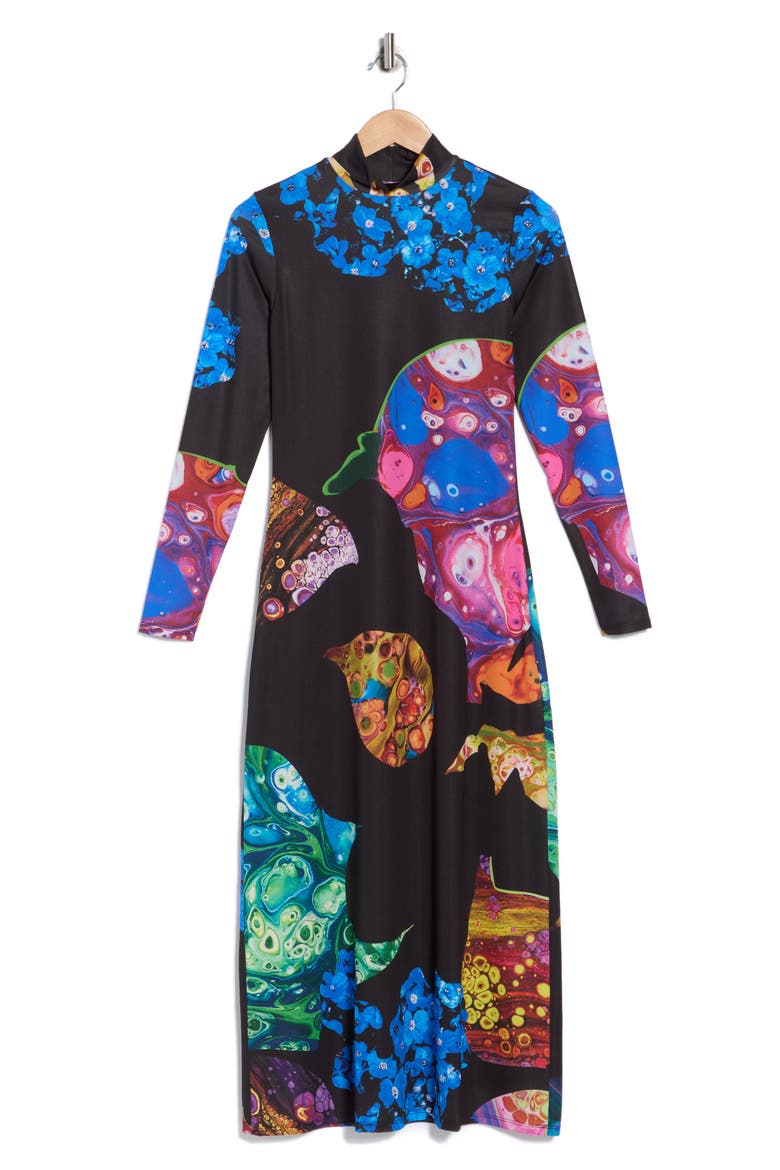 Abstract Print Long Sleeve Dress, Alternate, color, BLACK