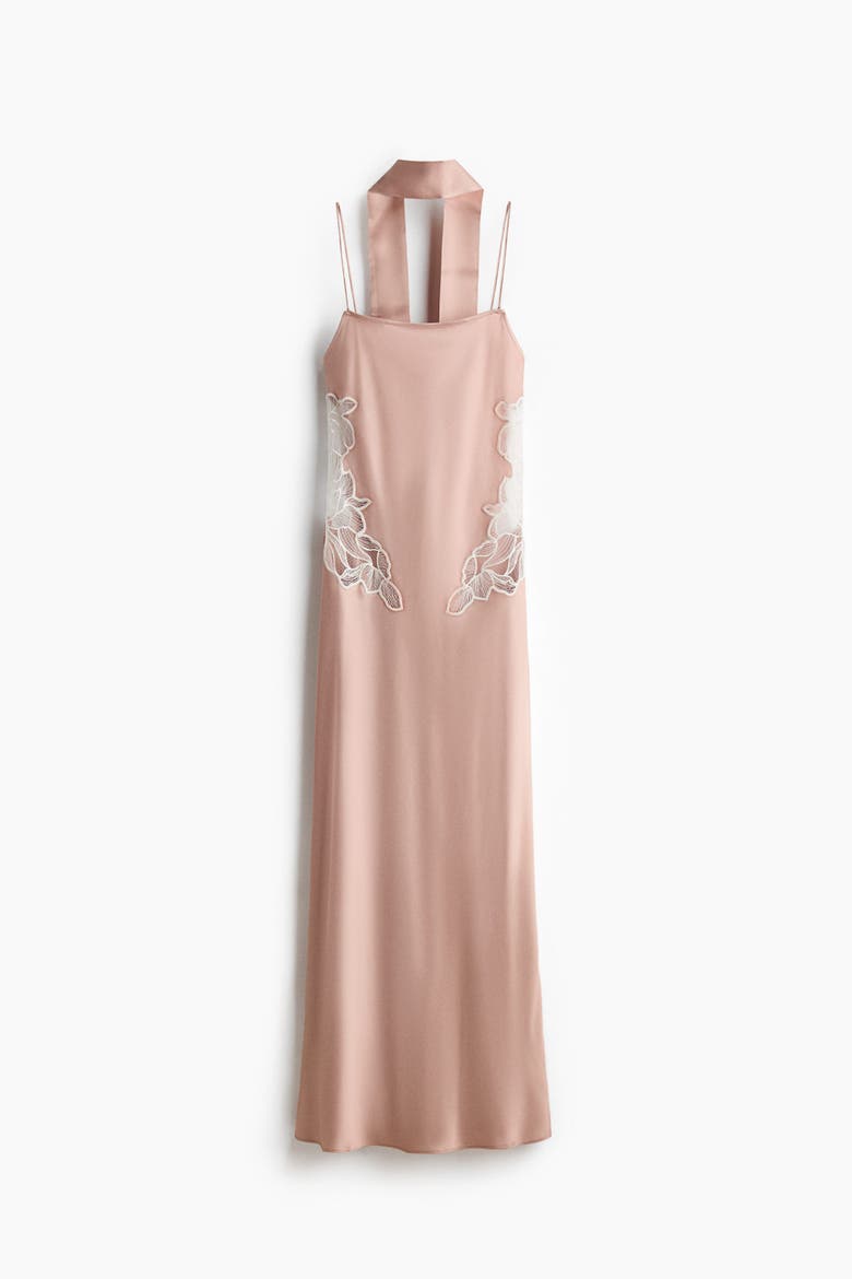 Lace-detail Satin Dress With Scarf, Alternate, color, Dusty beige/white