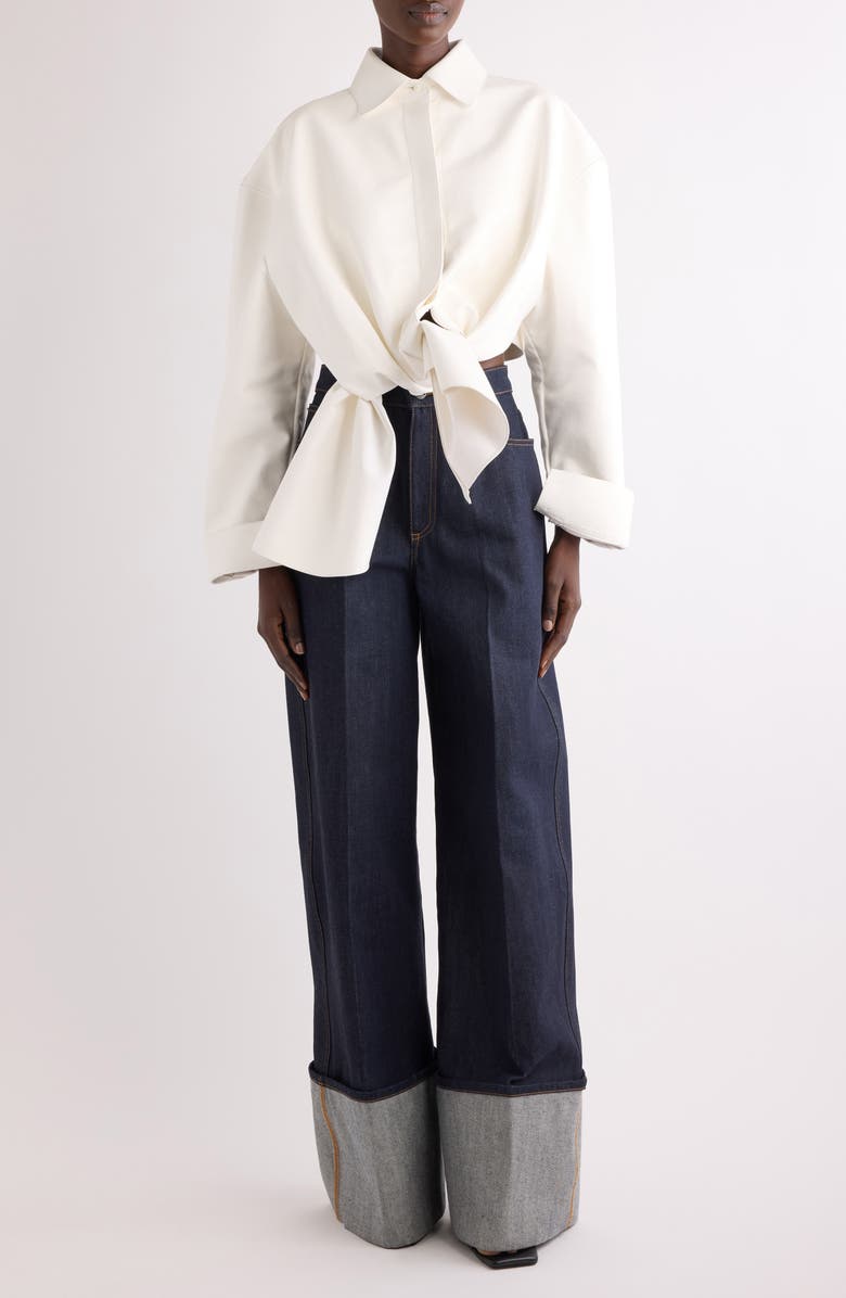 Givenchy Tie Front Leather Button-Up Shirt, Alternate, color, 100-White