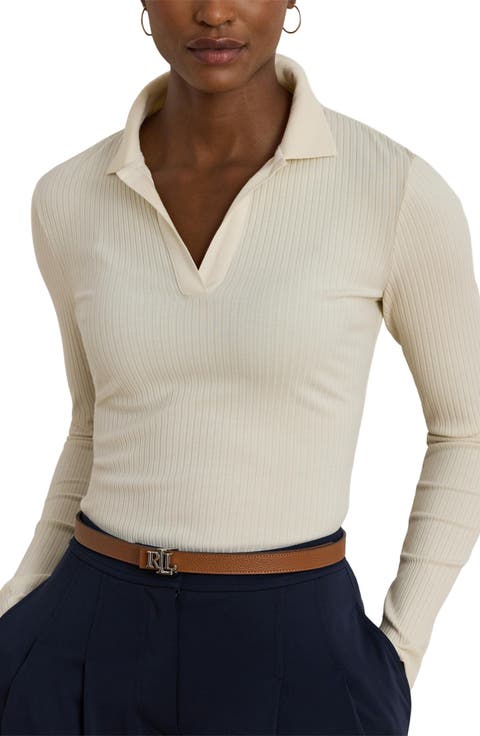 Rib Long Sleeve Polo Top