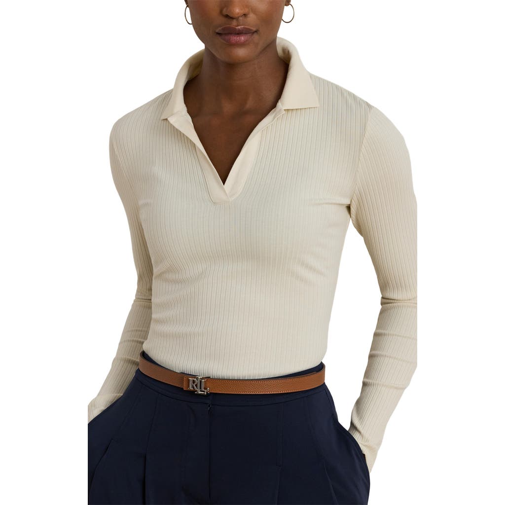 Ralph Lauren Rib-knit Long-sleeve Polo Top In Neutral