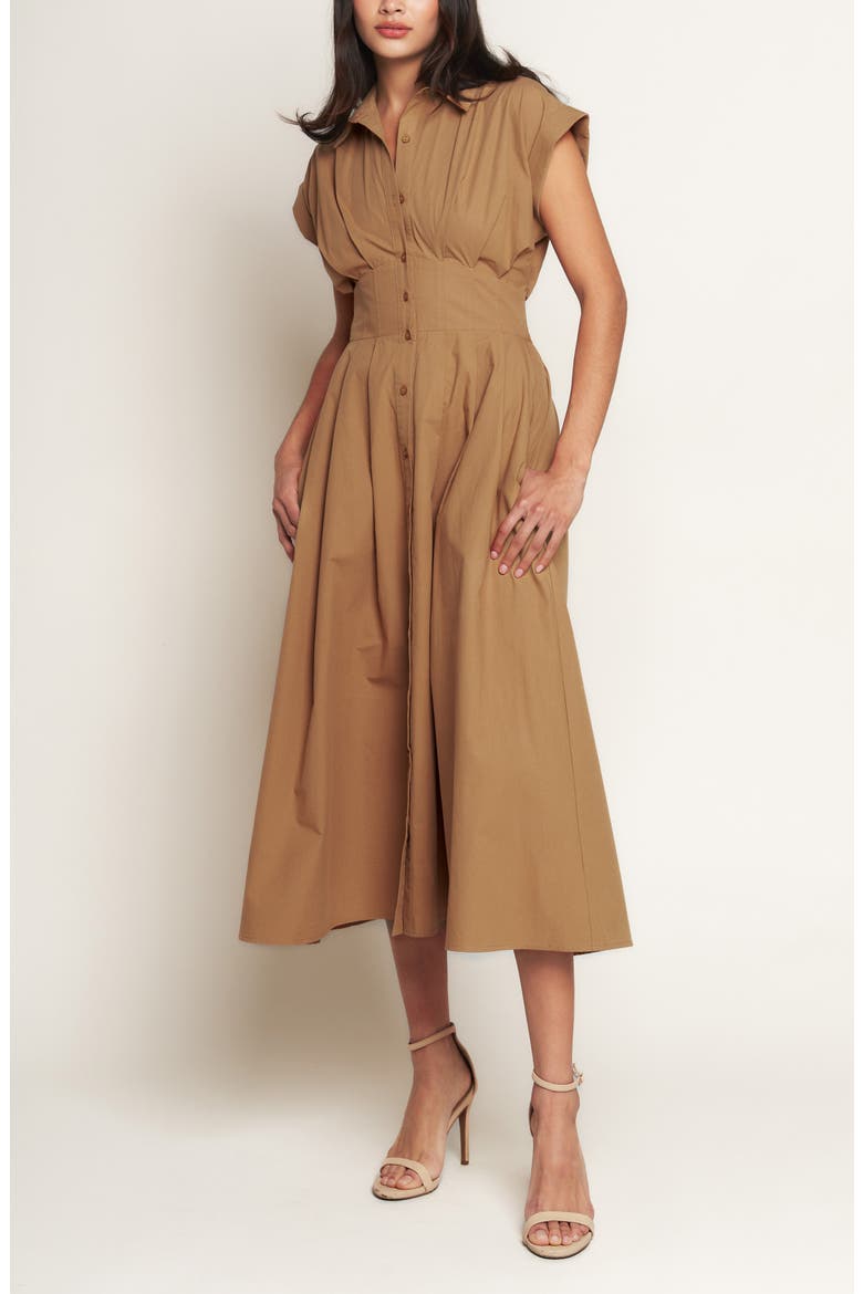 Corset Midi Fit & Flare Dress, Alternate, color, CARAMEL