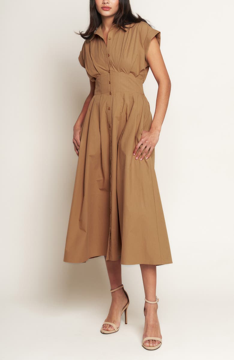 FLYING TOMATO Corset Midi Fit & Flare Dress, Alternate, color, Caramel