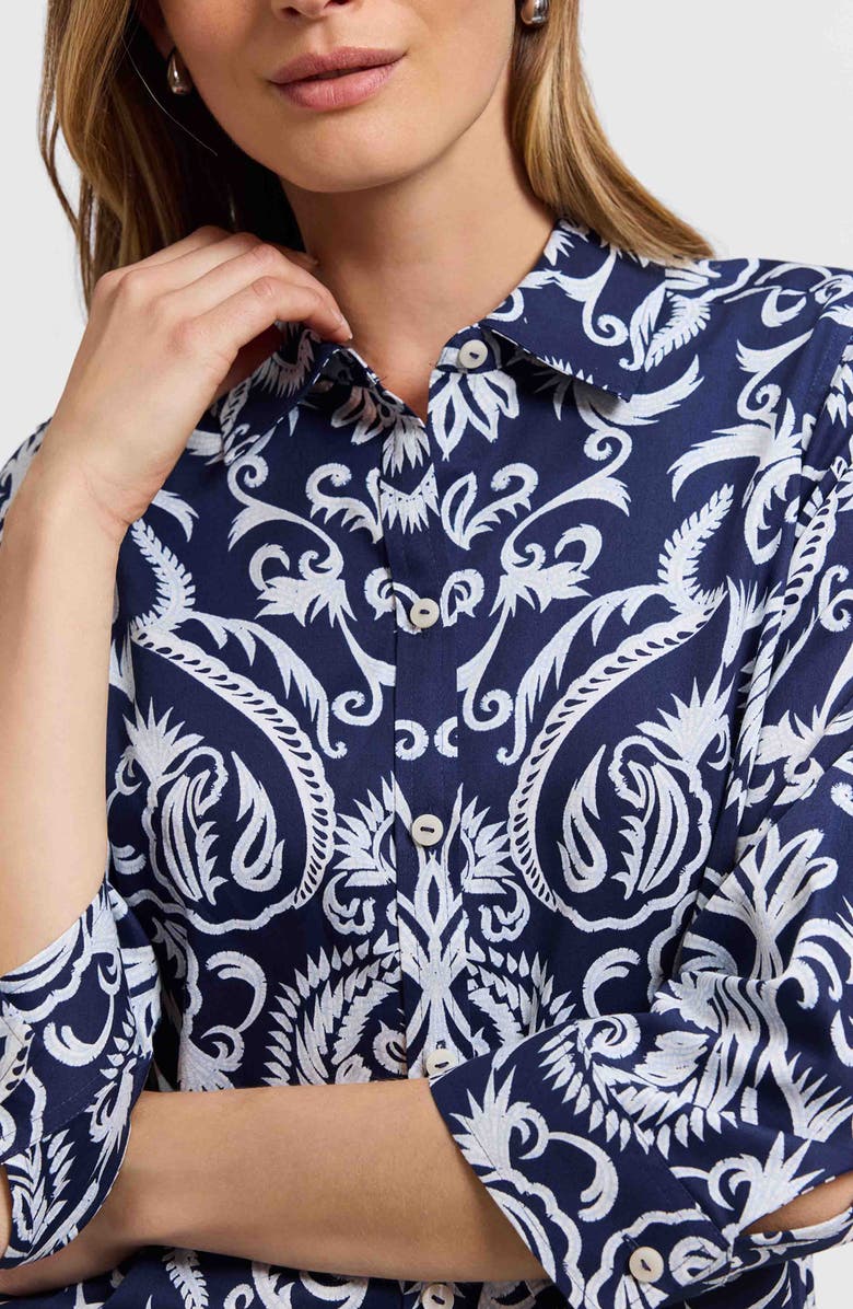Foxcroft Hampton Damask Shirt, Alternate, color, Navy Blue/ White