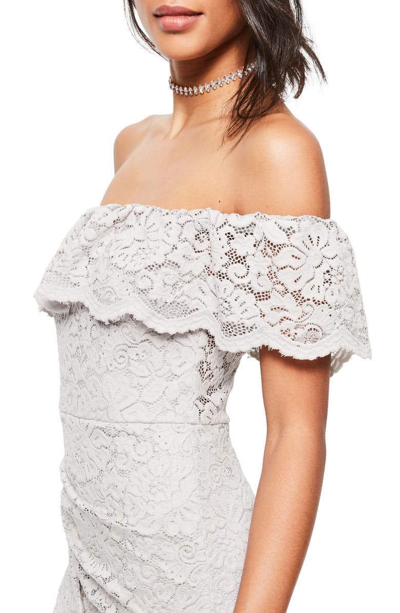 Missguided Off the Shoulder Asymmetrical Lace Dress, Alternate, color, 