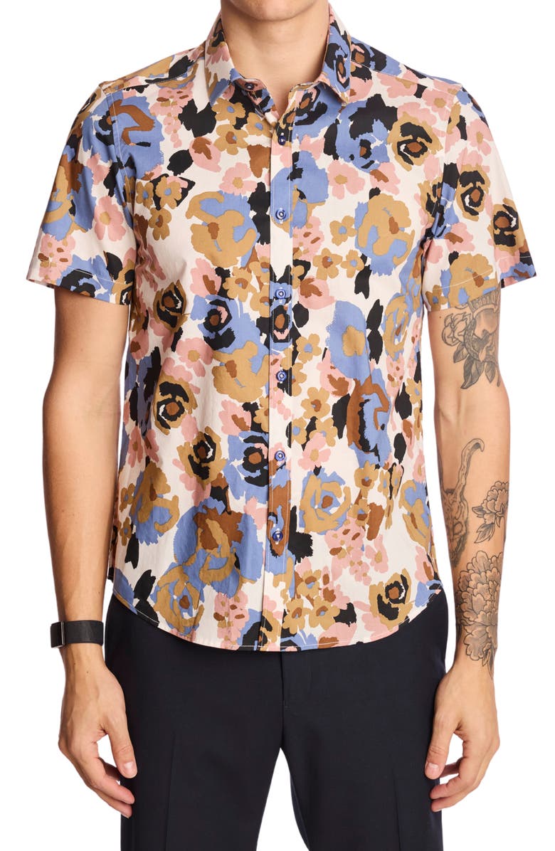 PAISLEY & GRAY Sawyer Trim Fit Floral Short Sleeve Button-Up Shirt, Main, color, Blue Pink Brown