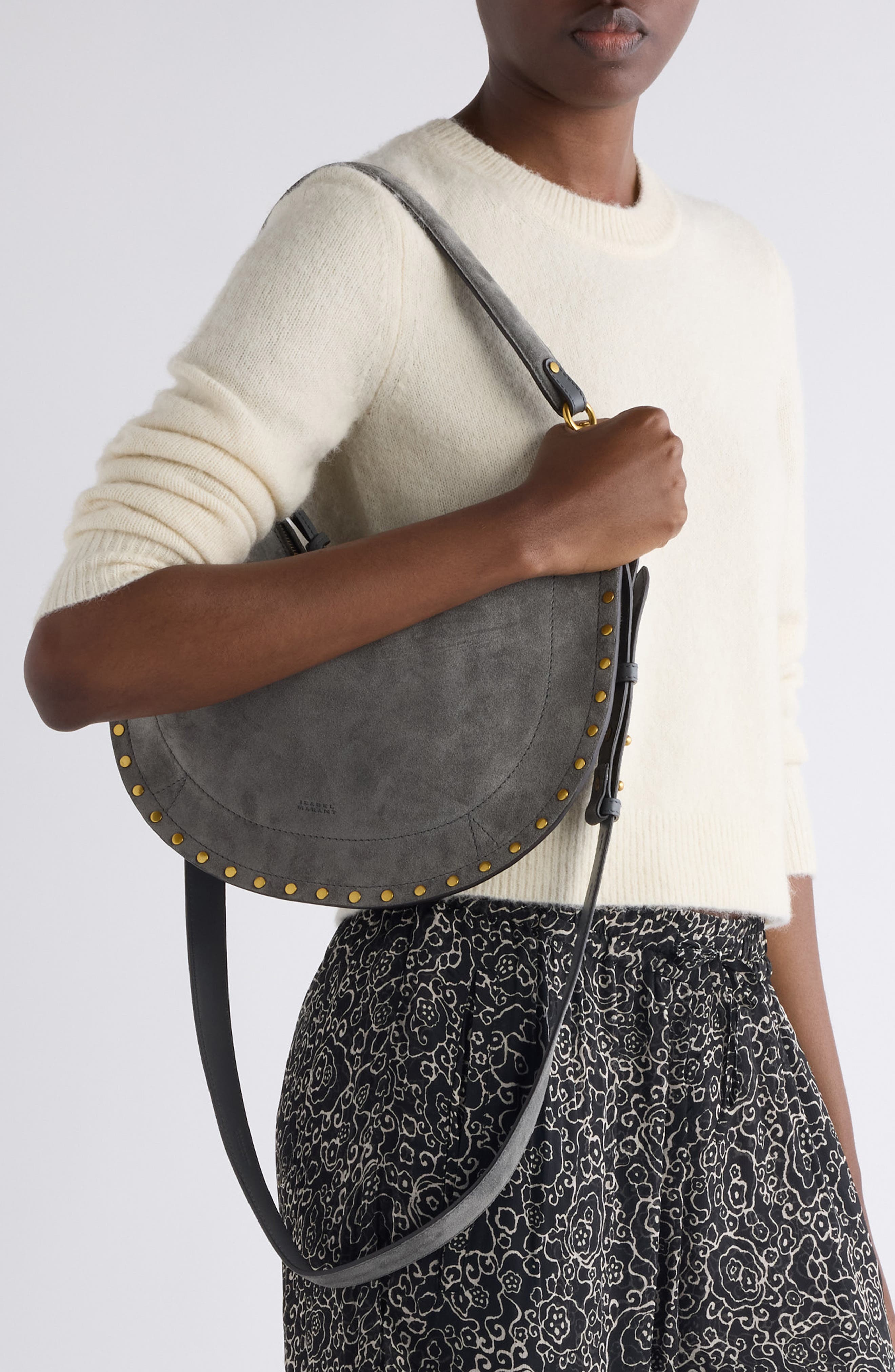 Isabel Marant Oskan Soft Suede Zipped Shoulder Bag, Alternate, color, Stone