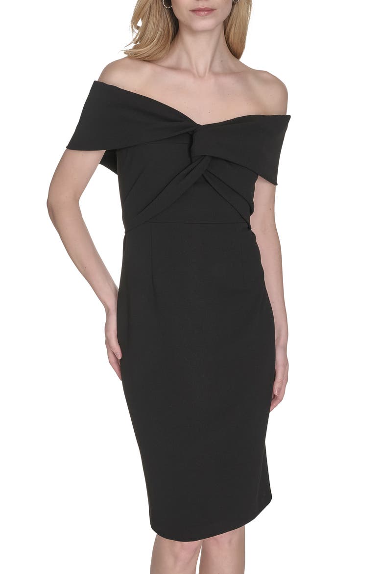 Off the Shoulder Scuba Crepe Cocktail Midi Dress, Alternate, color, BLACK