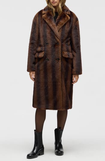 Nvlt Stripe Faux Fur Double Breasted Coat In Brown