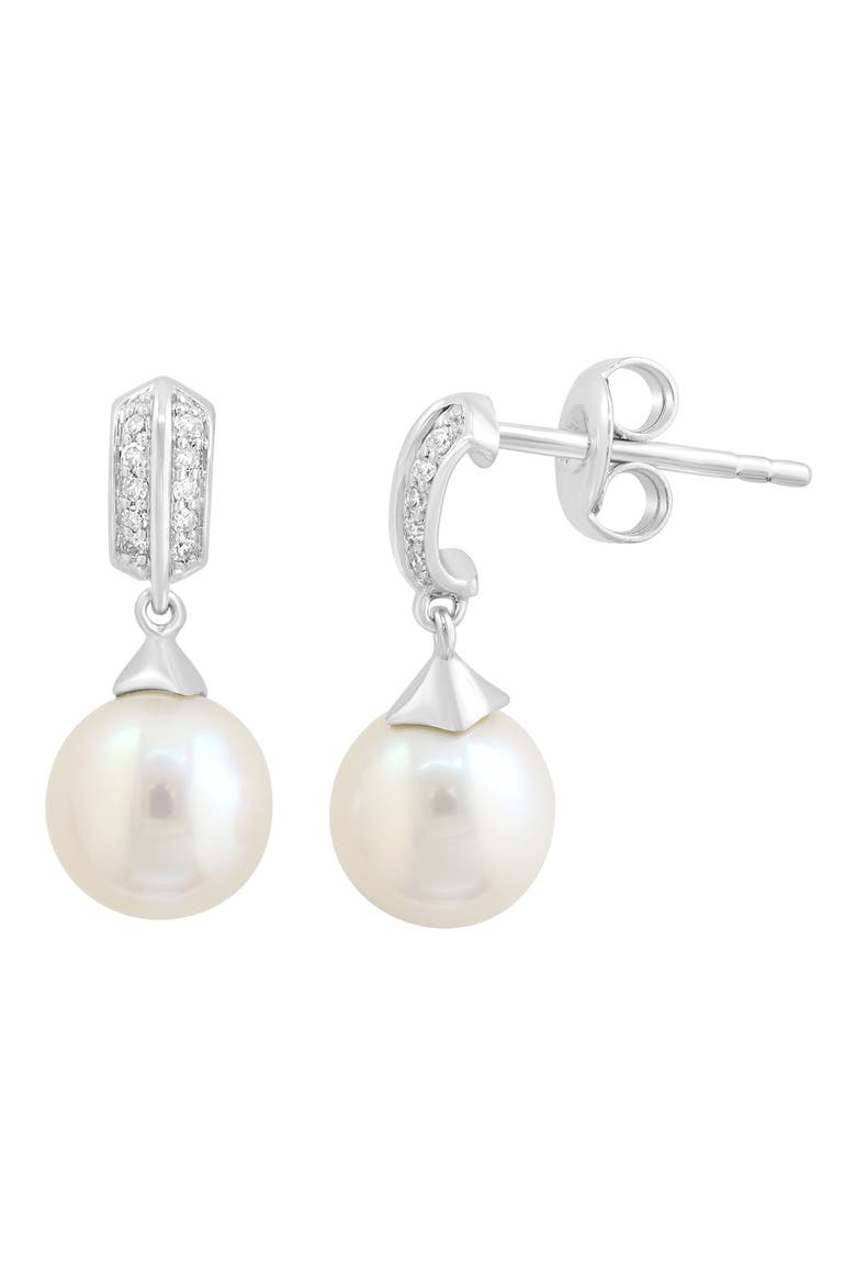 Sterling Silver Diamond & Cultured Pearl Drop Earrings, Main, color, WHITE