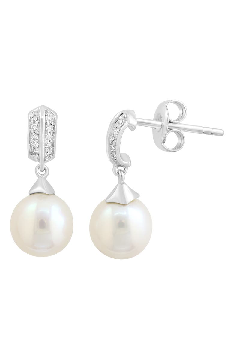 EFFY Sterling Silver Diamond & Cultured Pearl Drop Earrings, Main, color, White