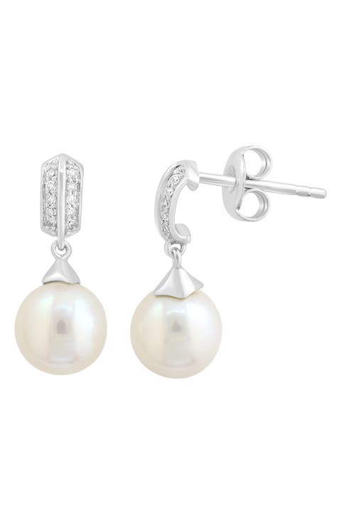 Sterling Silver Diamond & Cultured Pearl Drop Earrings