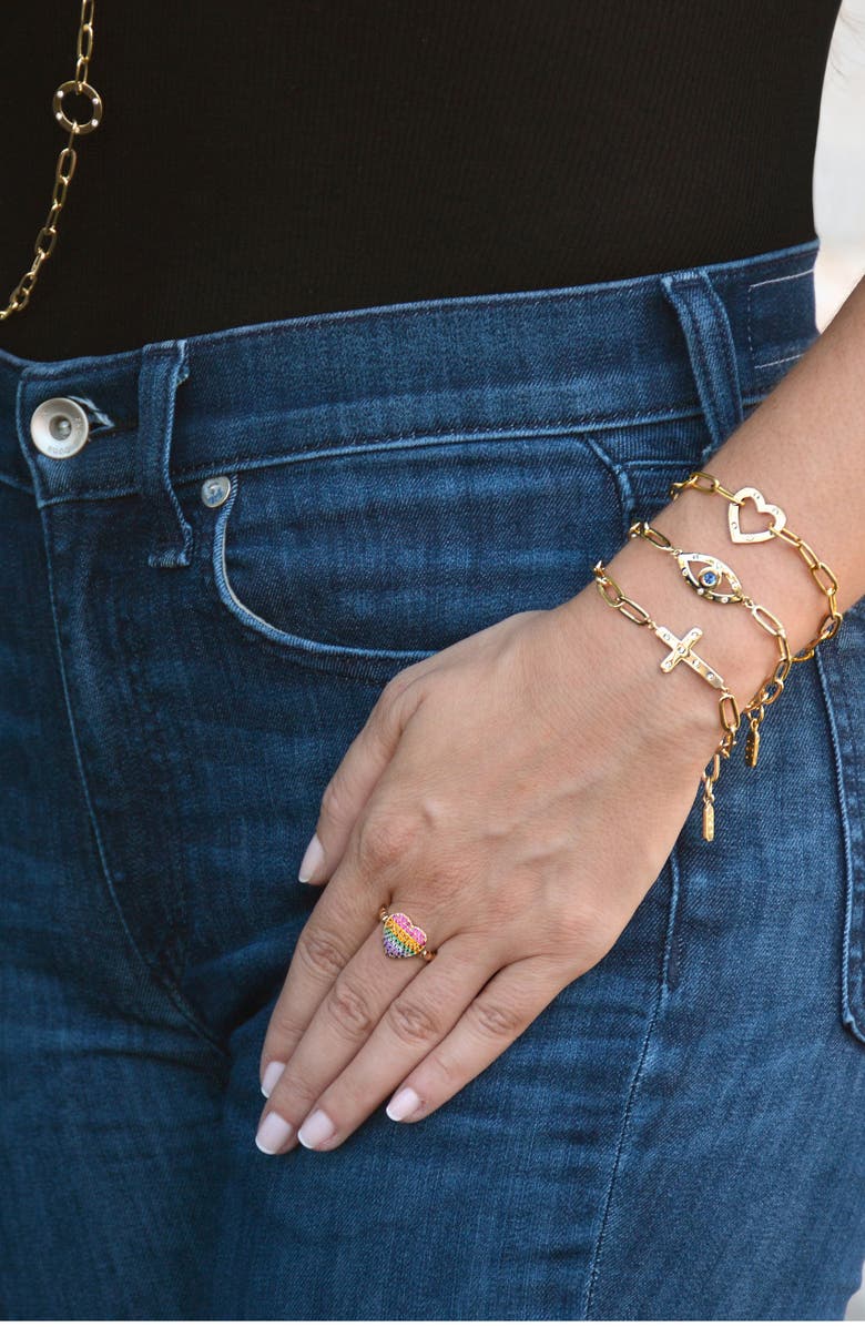 Liza Schwartz Cubic Zirconia Evil Eye Paper Clip Chain Bracelet, Alternate, color, Gold