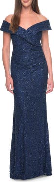 La Femme Off the Shoulder Beaded Lace Evening Gown