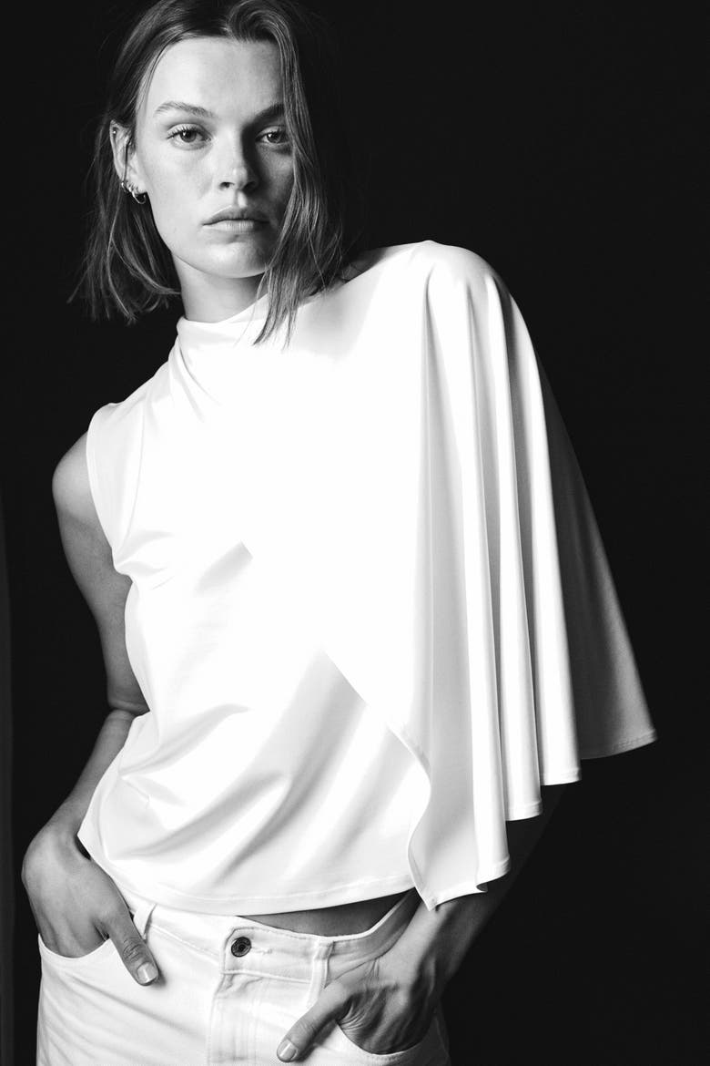 Cape-Detail Crêpe Top, Main, color, Cream