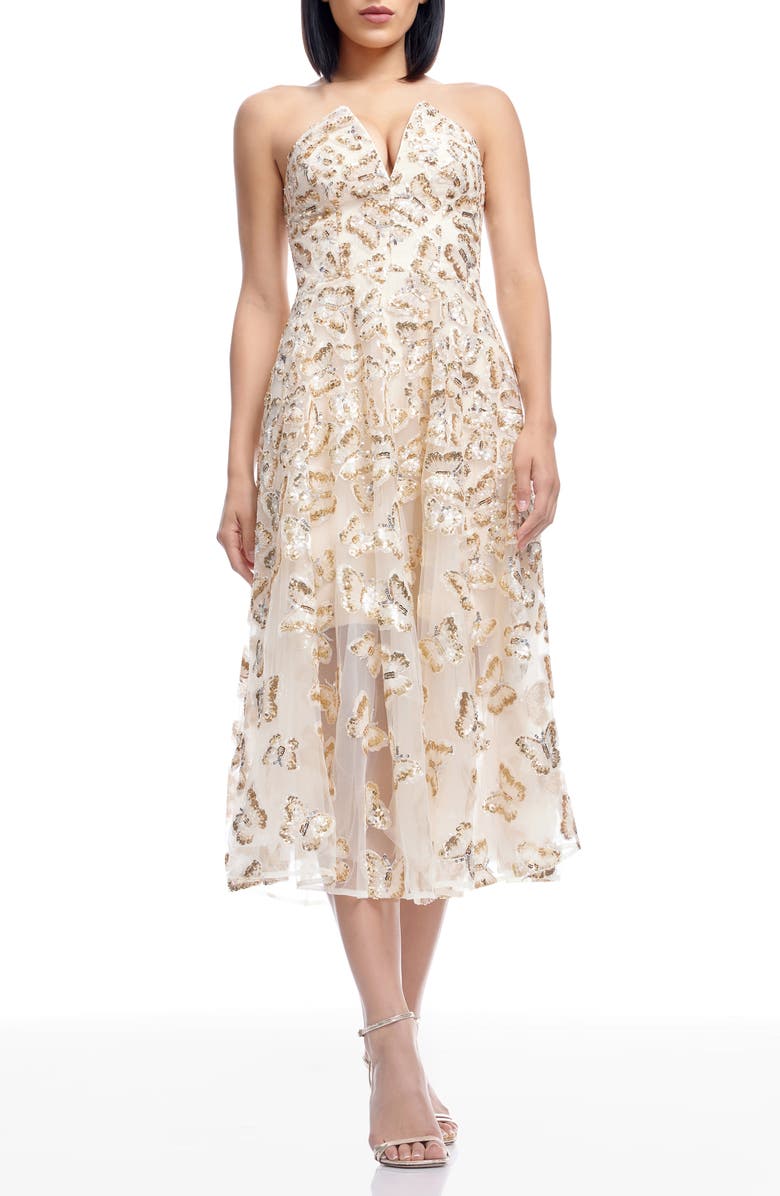 Dress the Population Briella Sequin Butterfly Strapless Cocktail Dress, Main, color, Champagne Multi