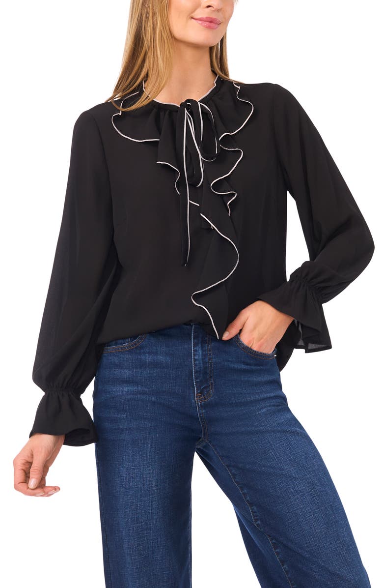 CeCe Contrast Trim Ruffle Shirt, Main, color, Rich Black