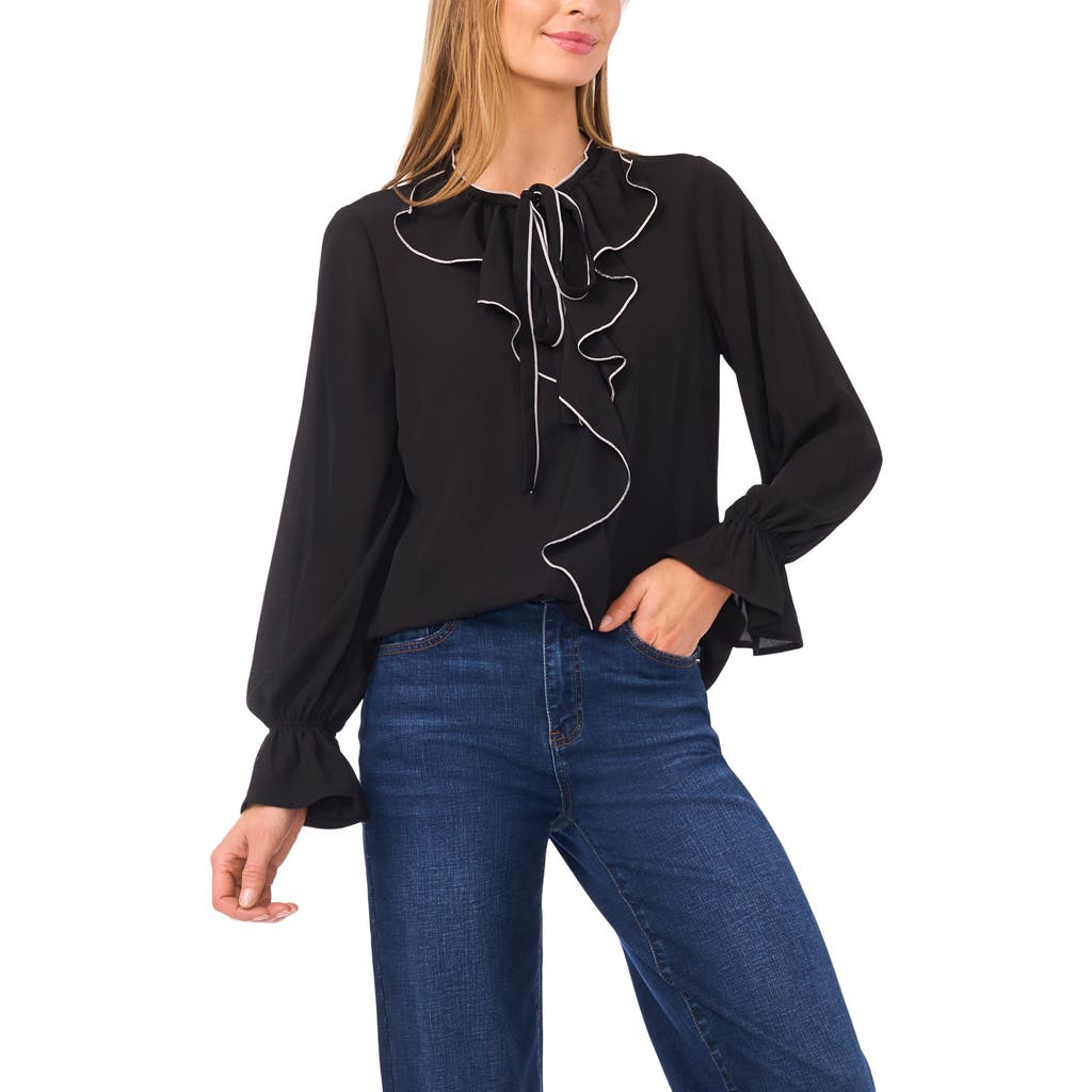 Cece Contrast Trim Ruffle Shirt In Black