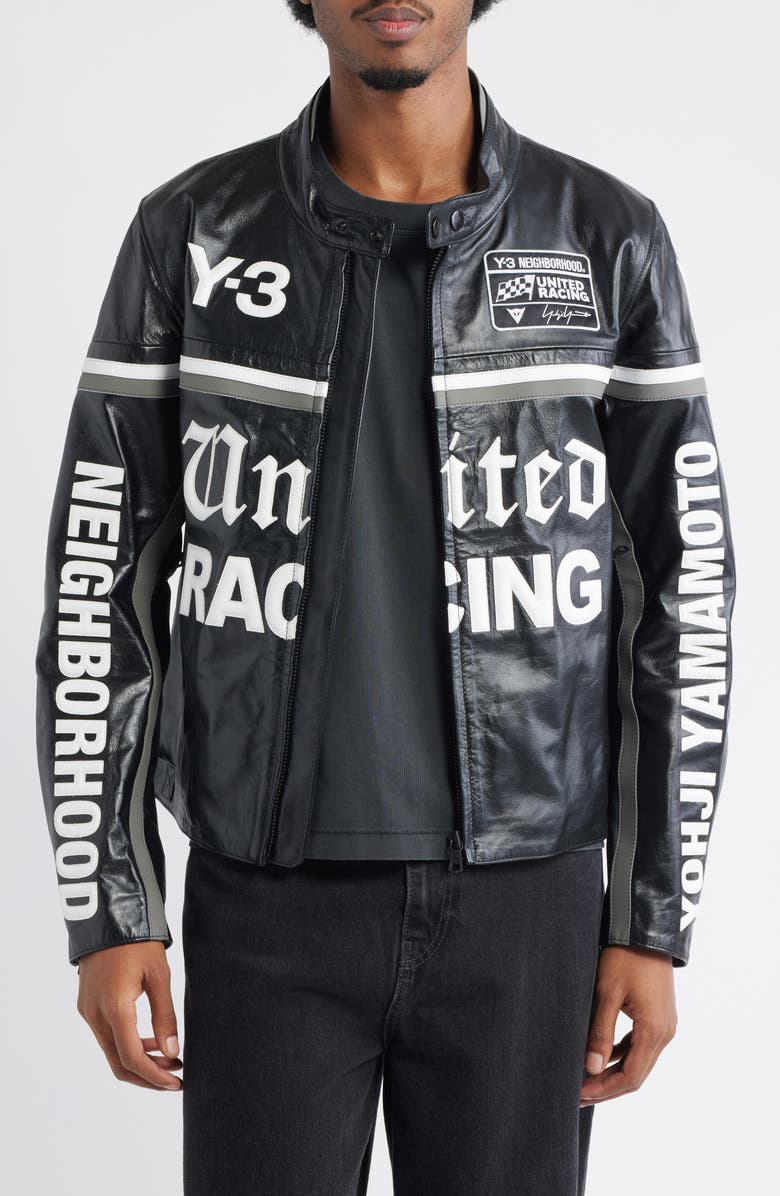Y-3 NBHD Leather Racer Jacket, Main, color, Black