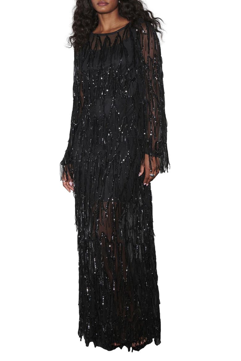 Sequin Tassel Long Sleeve Dress, Main, color, BLACK