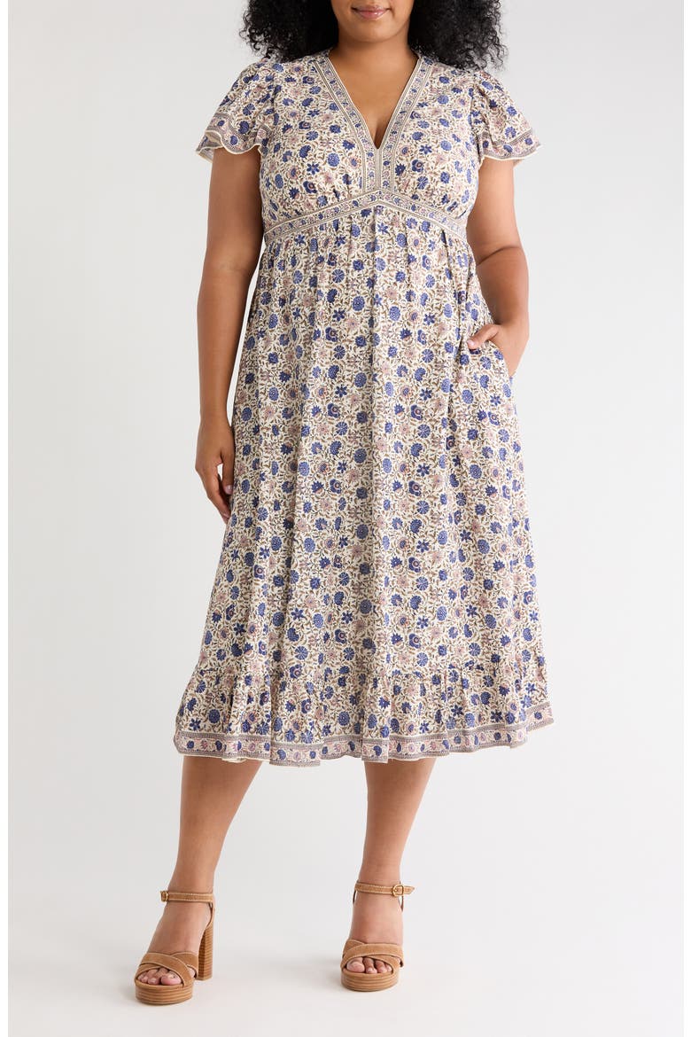 Flutter Sleeve V-Neck Dress, Main, color, ECRU/ DENIM LEAFY FERM