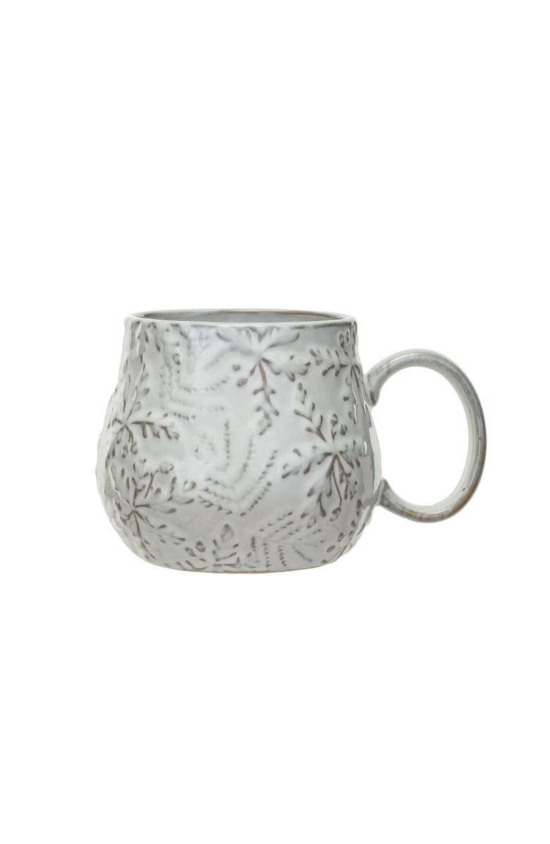Storied Home 16 oz. Embossed Stoneware Mug with Snowflakes and Reactive Glaze, White, Main, color, 