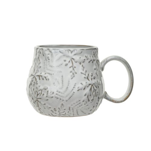 Storied Home 16 Oz. Embossed Stoneware Mug With Snowflakes And Reactive Glaze, White In White