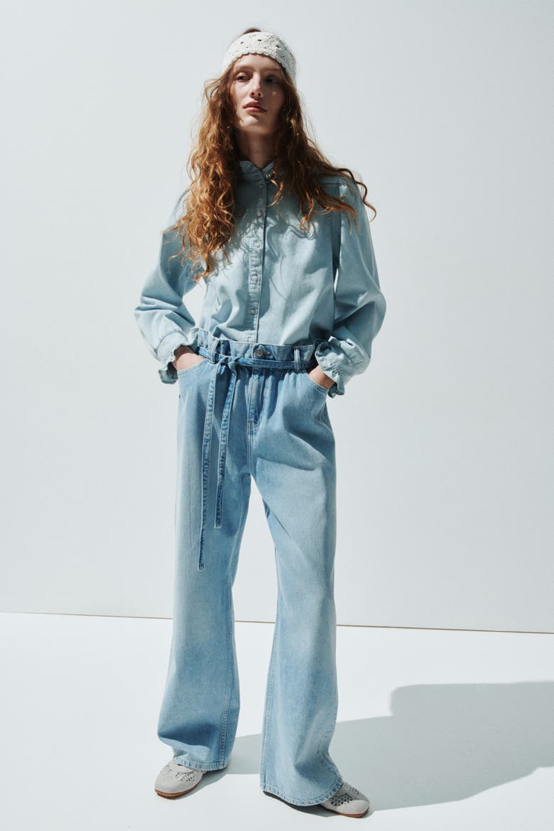 Frill-trimmed Denim Blouse, Alternate, color, Pale denim blue