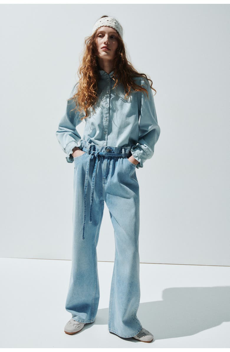 H&M Ruffle-trimmed denim blouse, Alternate, color, Pale Denim Blue