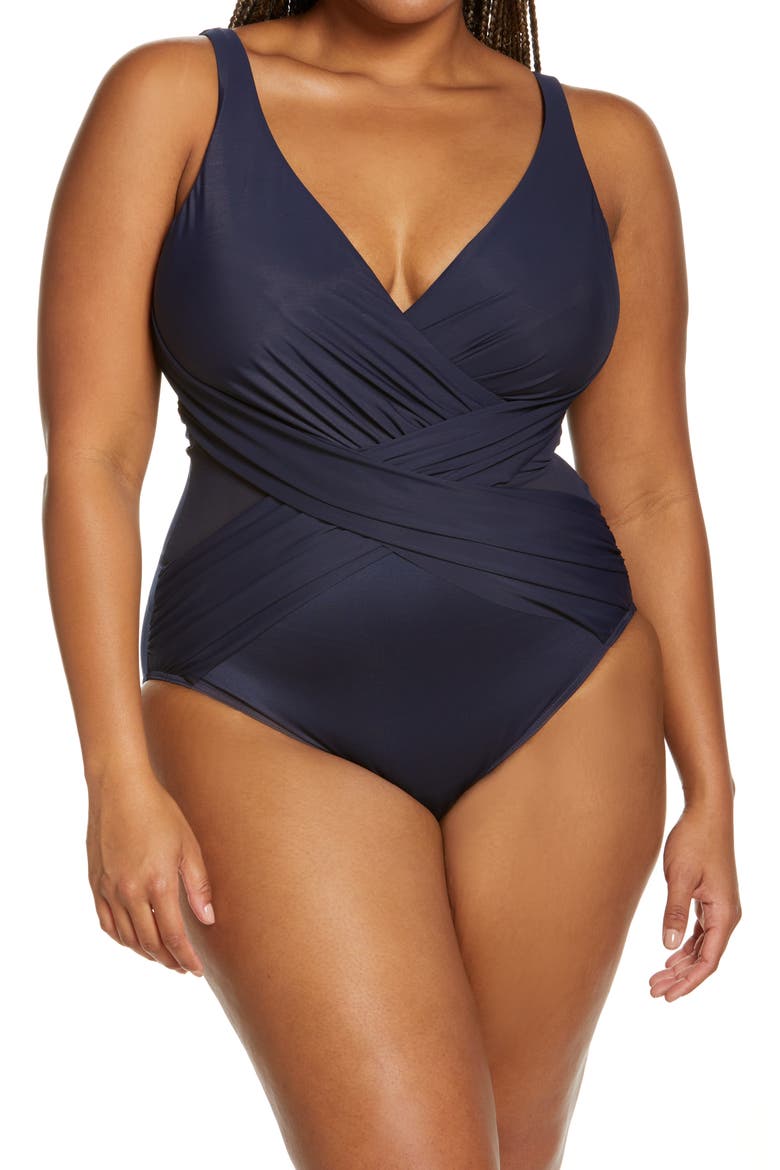 Illusionist Crossover One-Piece Swimsuit, Main, color, MIDNGHT BU