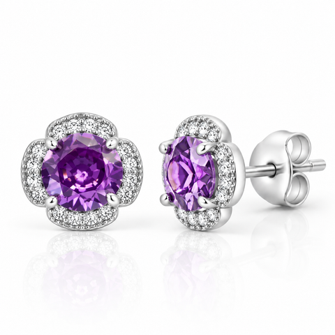 Sterling Silver Halo Amethyst Earrings