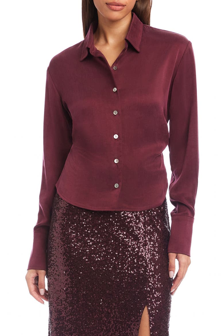 Tawnie Side Pleat Satin Button-Up Shirt, Main, color, WINE