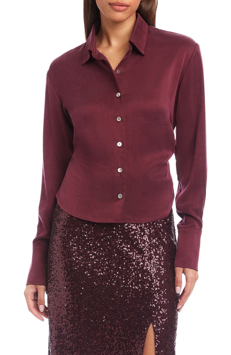 FIFTEEN TWENTY Tawnie Side Pleat Satin Button-Up Shirt, Main, color, Wine