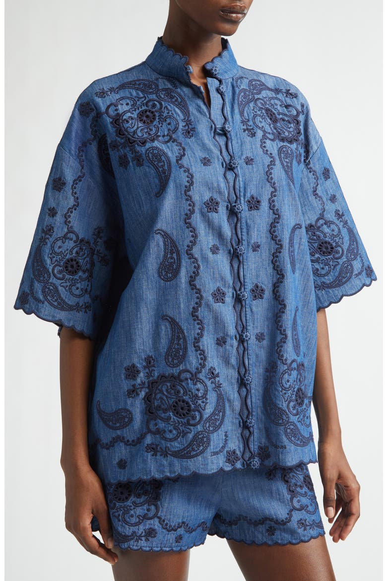 Aster Paisley Embroidered Denim Shirt, Alternate, color, RAILWAY BLUE