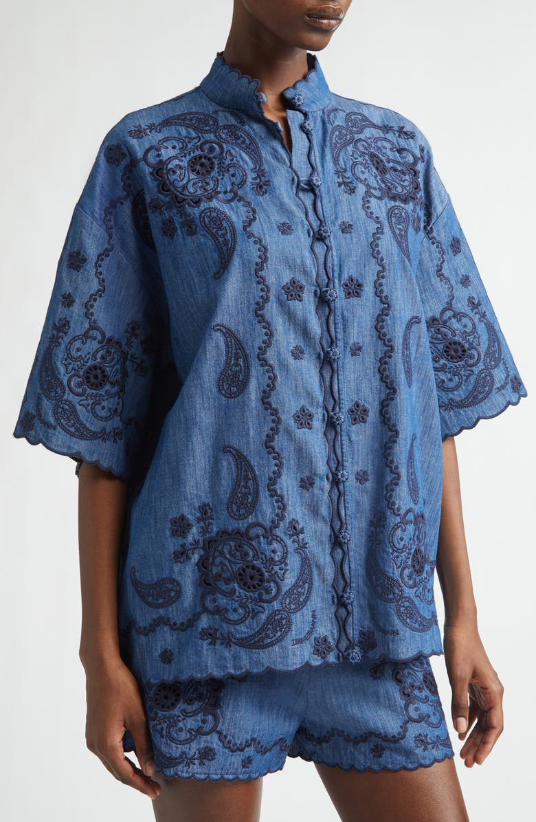 Zimmermann Aster Paisley Embroidered Denim Shirt, Alternate, color, Railway Blue