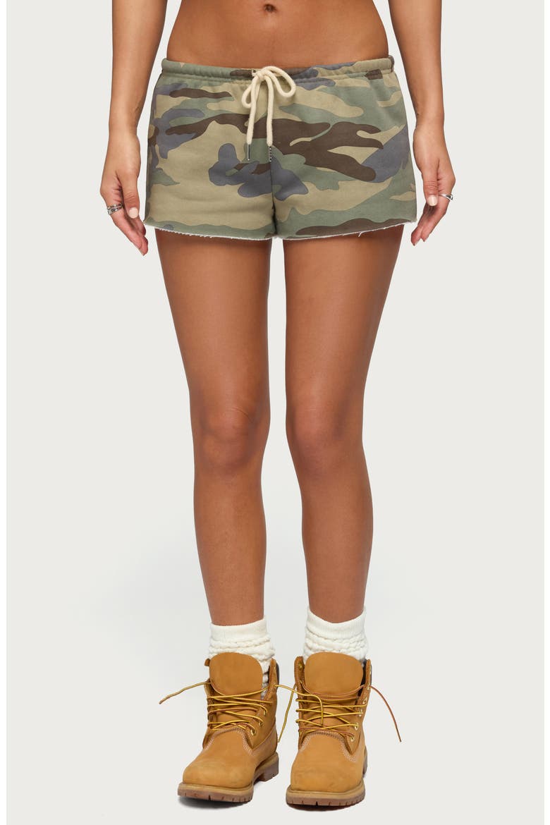 Camo Print Raw Hem Drawstring Shorts, Main, color, OLIVE