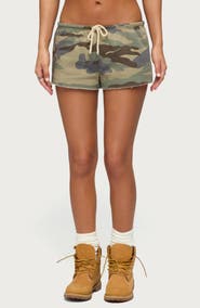 EDIKTED Camo Print Raw Hem Drawstring Shorts