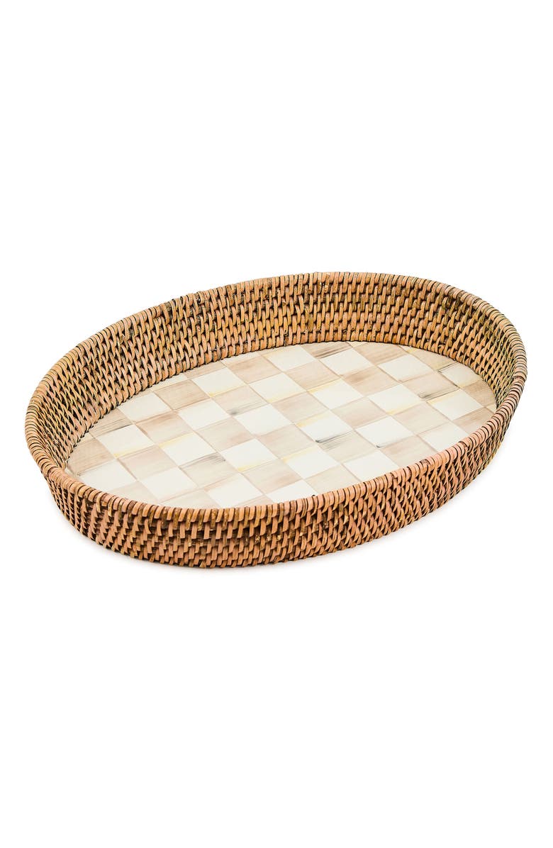 MACKENZIE CHILDS Large Mocha Check Enamel & Rattan Tray, Main, color, Mocha