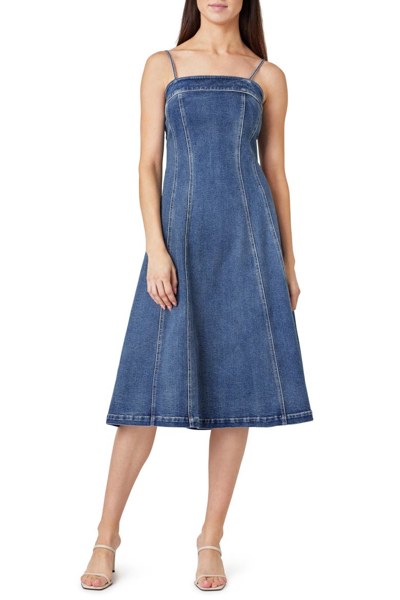 Bustier Denim A-Line Midi Dress, Main, color, MARINE