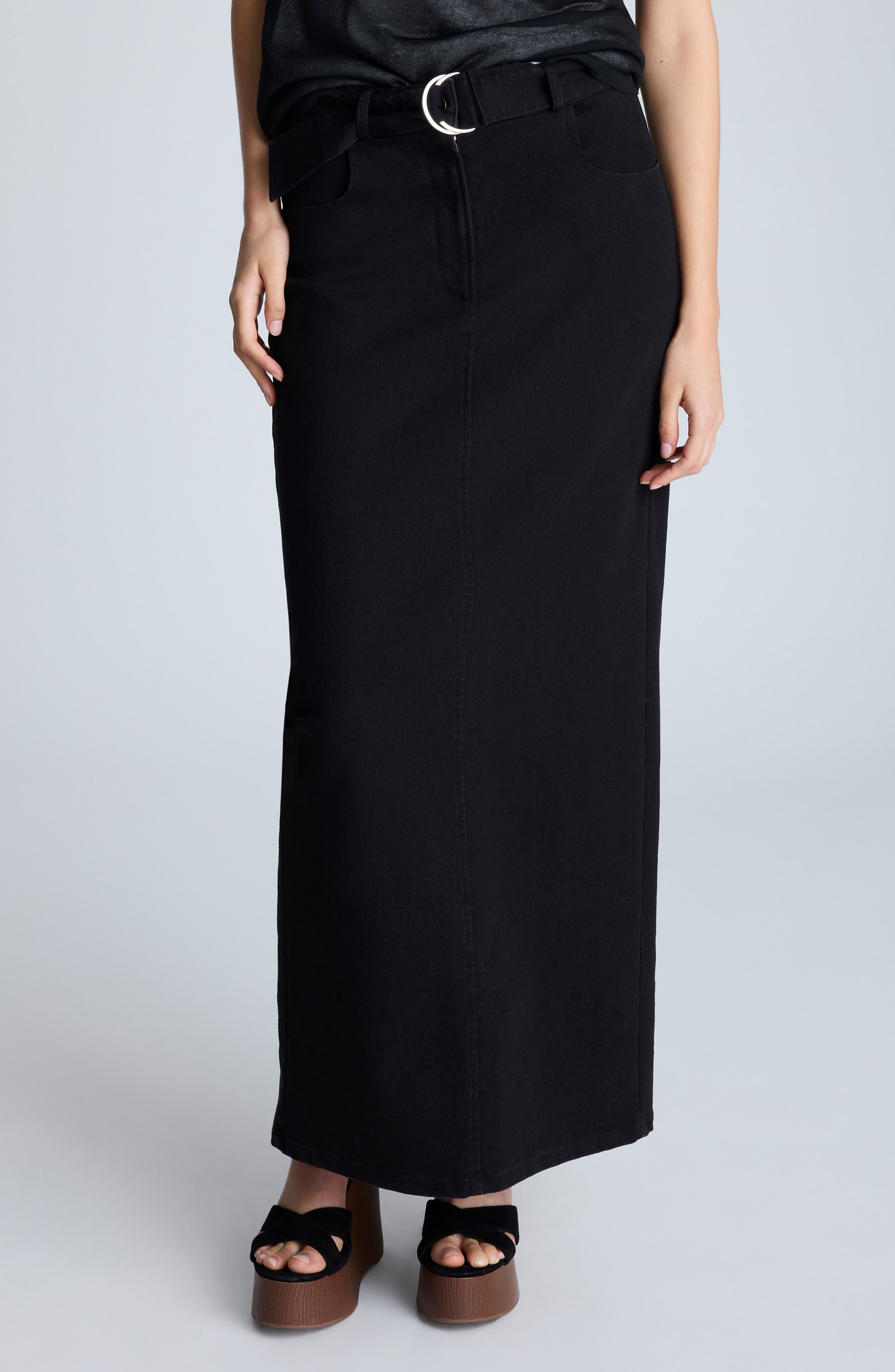 Kenneth Cole Belted Denim Maxi Skirt