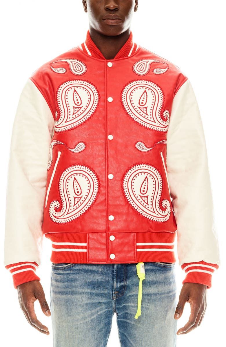Cult of Individuality Paisley Appliqué Varsity Jacket, Main, color, Red