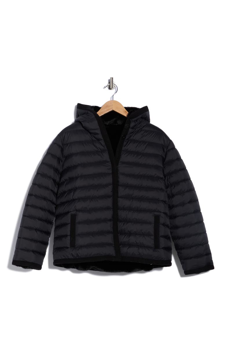 Reversible Faux Fur Hooded Puffer Jacket, Alternate, color, BLACK
