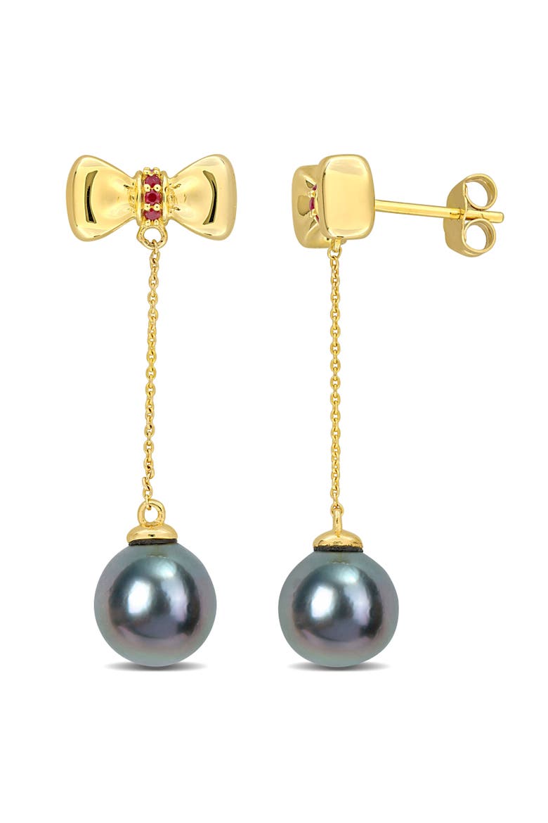 Tahitian Pearl & Gem Bow Dangle Earrings 10k, Main, color, Ruby