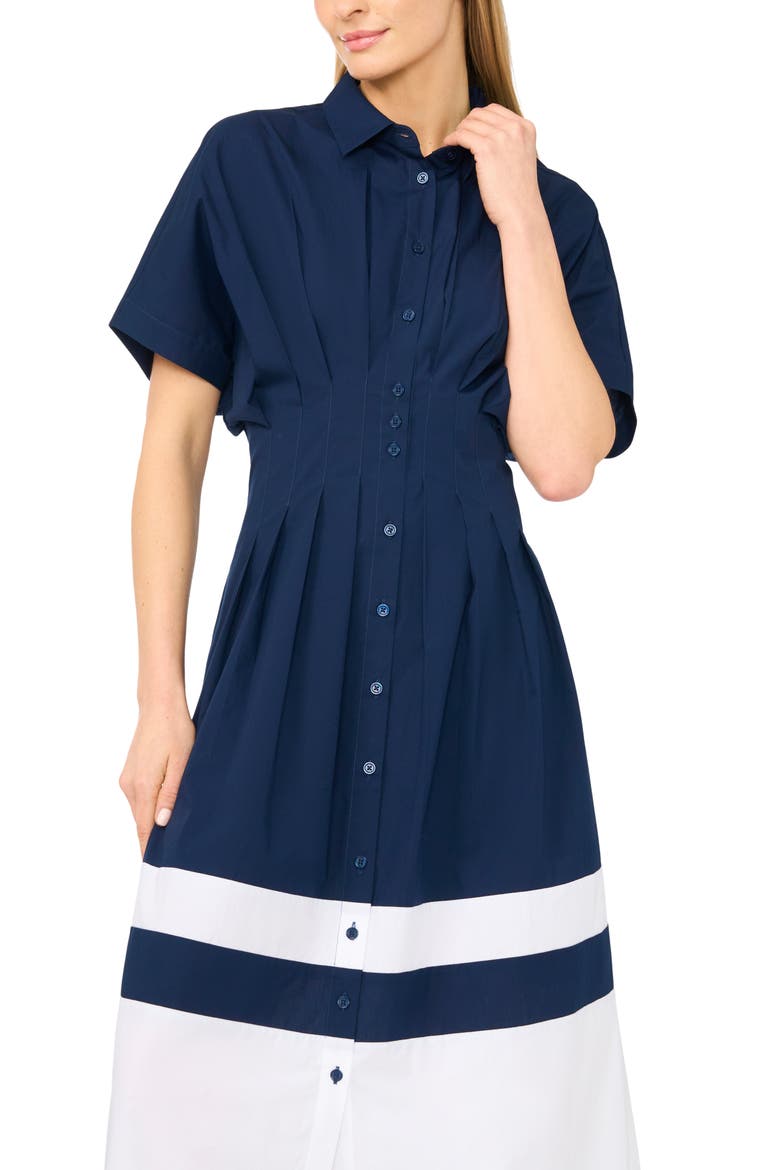 Colorblock Pleated Cotton Poplin Shirtdress, Alternate, color, CLASSIC NAVY