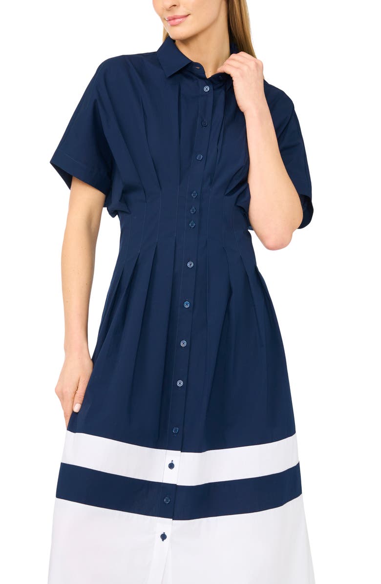 Halogen<sup>®</sup> Colorblock Pleated Cotton Poplin Shirtdress, Alternate, color, Classic Navy