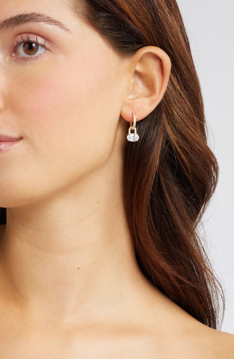 Nordstrom Oval Cubic Zirconia Drop Huggie Hoop Earrings, Alternate, color, 14K Gold Plated