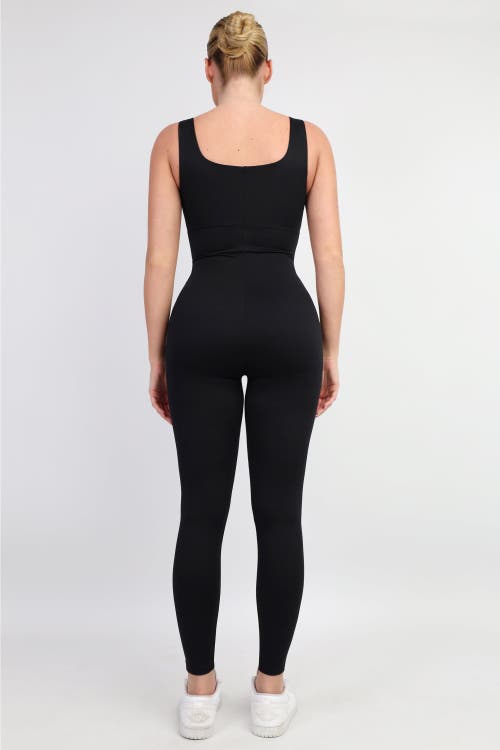 Popilush Shapewear Square Neck Thigh Slimming Workout Jumpsuit In Midnight Black