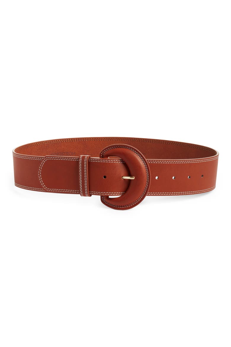 Contrast Stitch Leather Belt, Main, color, RUST AMBER
